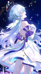 1girl absurdres backless_dress backless_outfit bare_shoulders blue_hair closed_eyes dress feathered_wings from_side gloves halo head_wings highres honkai:_star_rail honkai_(series) long_hair maria_(maria_rose) music musical_note open_mouth robin_(honkai:_star_rail) singing solo standing white_dress white_gloves white_wings wings
