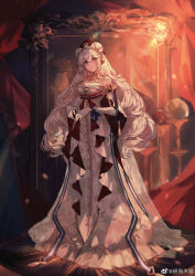 1girl absurdres animal_ears arknights bare_shoulders bear bear_ears bear_girl blue_eyes candy_hair_ornament commentary_request curtains detached_sleeves dress elbow_gloves film_grain food-themed_hair_ornament gloves hair_ornament hat heterochromia highres long_hair looking_at_viewer mixed-language_text multicolored_eyes multicolored_hair off-shoulder_dress off_shoulder official_alternate_costume polar_bear red_eyes red_hat rosa_(arknights) rosa_(masterpiece)_(arknights) streaked_hair ursus_empire_logo yan_ge