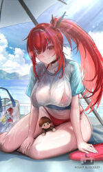 Rule 34 | 1girl, artist logo, bikini, blush, breasts, character doll, choker, commander (nikke), curvy, doll, doro (nikke), goddess of victory: nikke, highres, large breasts, logo, long hair, looking at viewer, luongnights, ocean, outdoors, parasol, ponytail, rapi (nikke), rapi (red hood) (nikke), rapi (red hood) (red flavor) (nikke), red bikini, red eyes, red hair, see-through clothes, see-through shirt, shiny skin, shirt, sitting, sky, smile, solo, swimsuit, thighs, thong, thong bikini, umbrella, wet, wet clothes, wet shirt, wide hips