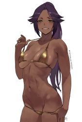 1girl artist_name bare_shoulders bikini bleach breasts collarbone dark-skinned_female dark_skin female_focus gold_bikini golden_week hair_ornament highres long_hair looking_at_viewer medium_breasts ponytail purple_hair shihouin_yoruichi simple_background swimsuit teeth white_background yellow_eyes zefrableu