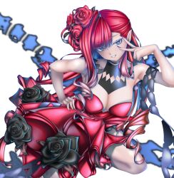 1girl absurdres baobhan_sith_(fate) baobhan_sith_(fgo_fes._2025)_(fate) bare_shoulders blush breasts cleavage detached_collar dress earrings fate/grand_order fate_(series) flower grey_eyes grin hair_flower hair_ornament highres jewelry kachihokori_satake large_breasts long_hair looking_at_viewer pink_hair pointy_ears red_dress rose smile solo