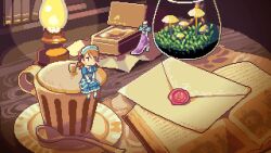 1girl animated animated_gif blinking blue_dress blue_shoes book bookshelf bottle box cup dress envelope foot_dangle glass hairband idolmaster idolmaster_cinderella_girls layered_sleeves leaning_to_the_side lid long_hair long_sleeves looking_to_the_side mini_person minigirl morikubo_nono mug mushroom oil_lamp open_book oyuzaki_(ayuzaki) pantyhose paper perfume_bottle pixel_art saucer shoes short_over_long_sleeves short_sleeves sitting sitting_on_object smile solo spoon table terrarium wooden_table