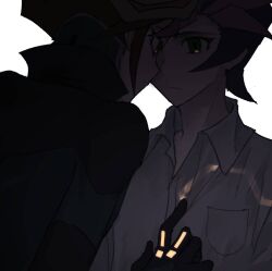 Rule 34 | 2boys, alternate form, arms at sides, black bodysuit, black hair, bodysuit, close-up, colored bangs, dress shirt, dual persona, facing another, facing to the side, finger to another&#039;s chest, forehead-to-forehead, fujiki yusaku, glowing, glowing clothes, green bodysuit, green eyes, hand on another&#039;s chest, heads together, highres, looking at another, male focus, multiple boys, muted color, novale110, partially unbuttoned, playmaker (yu-gi-oh!), popped collar, red hair, shirt, spiked hair, two-tone bodysuit, white background, yu-gi-oh!, yu-gi-oh! vrains