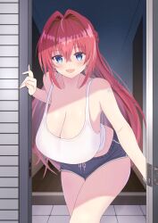 1girl bare_arms black_shorts blue_eyes blush breasts camisole cleavage commentary_request crossed_bangs doorway hair_between_eyes hair_intakes hanging_breasts highres large_breasts long_hair looking_at_viewer noe_(noe_emk) open_mouth original red_hair short_shorts shorts sidelocks smile standing thighs very_long_hair white_camisole