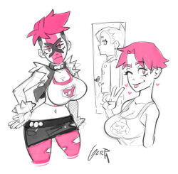 1girl ;p alternate_costume alternate_hairstyle artist_name blush breasts casual chewtle cleavage closed_mouth crop_top cropped_legs eyelashes facepaint gen_8_pokemon gerph grey_hair heart highres jacket large_breasts looking_at_viewer marnie_(pokemon) midriff multicolored_hair multiple_views navel nintendo one_eye_closed open_clothes open_jacket pantyhose partially_colored pink_eyes pink_hair pink_pantyhose pokemon pokemon_swsh short_hair skirt smile tank_top team_yell team_yell_grunt tongue tongue_out torn_clothes torn_jacket torn_pantyhose two-tone_hair undercut v very_short_hair