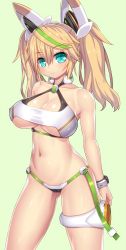 1girl aqua_eyes aqua_hair asamura_hiori bare_shoulders bikini bikini_top_only blonde_hair bracelet breasts cleavage cleavage_cutout closed_mouth clothing_cutout collarbone contrapposto covered_erect_nipples eyelashes female_focus gene_(pso2) gluteal_fold green_background green_hair hair_between_eyes headgear highres jewelry large_breasts looking_at_viewer md5_mismatch multicolored_hair navel phantasy_star phantasy_star_online_2 resolution_mismatch shiny_skin simple_background smile solo source_larger standing stomach streaked_hair swimsuit thigh_strap twintails white_bikini
