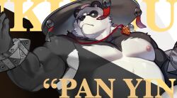 1boy animal_ears arange_(youhei79384157) bara bare_pectorals bell biceps black_fur bracelet character_name closed_mouth commentary english_commentary english_text furry furry_male highres jewelry jingle_bell looking_to_the_side multicolored_fur necklace nipples pan_yinhu panda_boy panda_ears partially_colored pectorals plump spiked_bracelet spikes tank_top white_fur wok zenless_zone_zero