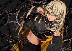 Rule 34 | 1girl, :p, belt, black belt, black jacket, black nails, black shirt, black skirt, blonde hair, braid, chain, chain necklace, copyright name, cowboy shot, cropped shirt, dark-skinned female, dark skin, double v, dutch angle, earrings, hair ornament, highres, jacket, jewelry, kaminari qpi, kaminari qpi (5th costume), lightning bolt, lightning bolt hair ornament, lightning bolt symbol, long hair, looking at viewer, midriff, multicolored jacket, multicolored nails, multicolored skirt, necklace, official alternate costume, orange eyes, plaid clothes, plaid skirt, pokimari, sample watermark, shirt, skirt, sleeves past wrists, solo, tongue, tongue out, v, virtual youtuber, vspo!, watermark, yellow jacket, yellow nails, yellow skirt, zipper, zipper pull tab