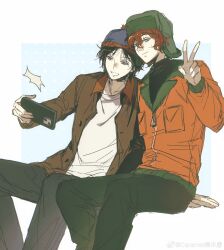 Rule 34 | 2boys, absurdres, beanie, black pants, black shirt, blue background, blue hat, border, brown jacket, buttons, caramel jiaomitang, cellphone, chinese commentary, closed mouth, collarbone, collared jacket, commentary request, earflap beanie, feet out of frame, freckles, green eyes, green hat, hair between eyes, happy, hat, heads together, highres, holding, holding phone, invisible chair, jacket, kyle broflovski, lapels, long sleeves, looking at object, male focus, multiple boys, notched lapels, open clothes, open jacket, orange jacket, outside border, pale skin, pants, phone, pocket, polka dot, polka dot background, pom pom (clothes), pom pom beanie, red hair, selfie, shirt, short hair, sitting, smartphone, smile, south park, stan marsh, turtleneck, turtleneck shirt, v, watermark, wavy hair, weibo watermark, white border, white shirt, zipper, zipper pull tab