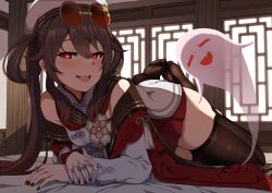 1girl 4tb_(4tera_byte) black_thighhighs brown_hair butterfly_ring dress eyewear_on_head feet flower-shaped_pupils genshin_impact ghost hair_between_eyes hair_rings hat highres hu_tao_(cherries_snow-laden)_(genshin_impact) hu_tao_(genshin_impact) jewelry long_hair long_sleeves looking_at_viewer lying official_alternate_costume on_side red-tinted_eyewear red_eyes red_nails red_skirt ring round_eyewear skirt smile solo sunglasses symbol-shaped_pupils thighhighs tinted_eyewear twintails white_hat yellow-framed_eyewear