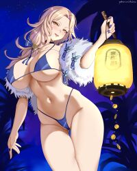 Rule 34 | 1girl, :d, absurdres, bikini, blonde hair, blue bikini, blue nails, blush, breasts, cameltoe, cleavage, goddess of victory: nikke, highres, huge breasts, lantern, large breasts, long hair, looking at viewer, ludmilla (nikke), ludmilla (winter owner) (nikke), mature female, navel, open mouth, smile, solo, swimsuit, ultrabinou, yellow eyes