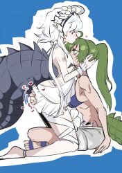 2girls ahoge arched_back arknights ass ban_syou bare_arms bare_legs bare_shoulders barefoot blush breasts commentary crocodilian_tail dress flower flying_sweatdrops from_side gavial_(arknights) grabbing_another&#039;s_ass green_hair groping hair_flower hair_ornament heart highres kneeling large_tail long_hair low_twintails material_growth medium_breasts multiple_girls oripathy_lesion_(arknights) pointy_ears ponytail profile sitting tail tomimi_(arknights) twintails very_long_hair white_dress white_hair wrist_cuffs yellow_eyes yuri
