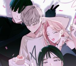 2boys 2girls alien_stage black_gloves black_hair cake choker closed_eyes commentary confetti food gloves grey_choker grey_hair highres holding holding_party_popper holding_plate ivan_(alien_stage) long_hair mizi_(alien_stage) multiple_boys multiple_girls neck_tattoo party_popper pink_hair plate s301t9 shirt short_hair smile sua_(alien_stage) tattoo till_(alien_stage) v very_short_hair white_shirt