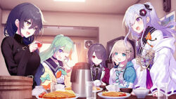 5girls angry artist_request black_hair blonde_hair blue_eyes breasts brown_hair character_request copyright_request curtains day dress food glass green_hair jacket kettle large_breasts long_hair multiple_girls necktie one_eye_closed one_eye_covered pink_eyes ponytail purple_eyes purple_hair red_eyes rice sailor_dress short_hair small_breasts smile sweat table tomato window yellow_eyes