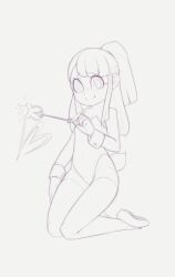1girl arm_at_side bare_shoulders blunt_bangs closed_mouth covered_navel female_focus flat_chest full_body grey_background greyscale hand_up happy heart highres holding holding_wand kagari_atsuko kekitopu kneeling leotard little_witch_academia long_hair looking_at_viewer magic monochrome playboy_bunny ponytail rabbit_tail raised_eyebrows shoes short_tail sidelocks simple_background sketch smile solo split_mouth strapless strapless_leotard tail thighhighs wand wide-eyed wrist_cuffs