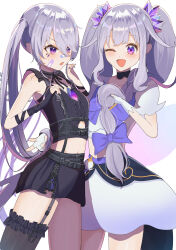1girl absurdres bandaid bandaid_on_cheek bandaid_on_face bandaid_on_nose black_gloves black_skirt bow chest_jewel fingerless_gloves garter_straps gloves grey_hair hair_bow highres hololive hololive_english jewel_under_eye koseki_bijou koseki_bijou_(casual) long_hair miniskirt one_eye_closed open_mouth purple_bow purple_eyes satoti_chang single_garter_strap single_thighhigh skirt thighhighs twintails virtual_youtuber white_gloves zipper zipper_pull_tab