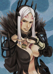 1girl aversa_(fire_emblem) black_nails breasts bridal_gauntlets carlmary cleavage facial_mark female_focus fingernails fire_emblem fire_emblem_awakening large_breasts long_fingernails looking_at_viewer nail_polish nintendo no_bra red_eyes sidelocks white_hair wrist_guards