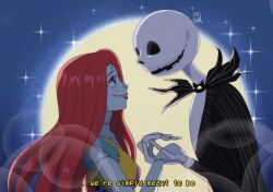 1boy 1girl brenni_murasaki colored_skin dress formal_clothes highres jack_skellington jacket long_hair long_sleeves open_mouth patchwork_skin pinstripe_pattern red_hair sally_(nbc) simple_background skeleton smile stitched_face stitches striped_clothes suit the_nightmare_before_christmas