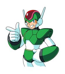 1boy ;) android armor blue_eyes clenched_teeth forehead_jewel green_armor green_biker_dude_(mega_man) green_helmet hand_on_own_hip helmet index_finger_raised looking_at_viewer mega_man_(series) mega_man_x2 mega_man_x_(series) official_style one_eye_closed pointing robot simple_background smile solo sprinqgueen teeth upper_body white_background