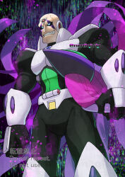 Rule 34 | 1boy, android, armor, bald, black bodysuit, black sclera, bodysuit, colored sclera, commentary, cowboy shot, facial mark, forehead jewel, male focus, mega man (series), mega man x5, mega man x (series), no eyebrows, parted lips, sigma (mega man), smirk, solo, watermark, yamanashi taiki