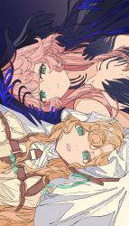 2girls :d absurdres aqua_eyes arm_belt bare_shoulders belt black_dress black_hands black_veil blonde_hair blue_veil brown_belt colored_extremities dress hand_up highres long_hair looking_at_viewer lorelei_(reverse:1999) multiple_girls nautika_(reverse:1999) open_mouth parted_lips pink_hair reverse:1999 rotational_symmetry sideways smile strapless strapless_dress two-tone_veil upper_body veil white_dress white_veil xiao_jin_caoooooooi