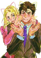 Rule 34 | 1boy, 1girl, black jacket, blonde hair, blue eyes, blue necktie, blush, brown eyes, brown hair, chinese commentary, collared shirt, commentary request, doctor who, drawn ears, drawn whiskers, heart, heart hands, highres, jacket, long sleeves, looking at another, looking at viewer, medium hair, nail polish, necktie, pink jacket, pink nails, pinstripe jacket, pinstripe pattern, rose tyler, shirt, short hair, smile, suit jacket, teeth, tenth doctor (doctor who), the doctor (doctor who), upper body, upper teeth only, very short hair, white background, white shirt, yuzijiang004