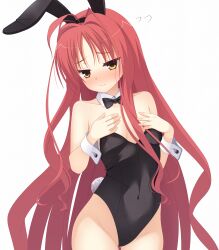 Rule 34 | 1girl, absurdres, ahoge, animal ear hairband, animal ears, black bow, black bowtie, black leotard, blush, bow, bowtie, breasts, detached collar, dracu-riot!, fake animal ears, hair intakes, hairband, hands on own chest, highres, kaon zz, leotard, long hair, looking at viewer, nose blush, playboy bunny, rabbit ears, rabbit tail, sidelocks, simple background, small breasts, solo, strapless, strapless leotard, tail, very long hair, wavy hair, white background, wrist cuffs, yarai miu, yellow eyes