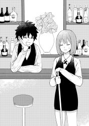 1boy 1girl :d alcohol arato_hisako bottle bow bowtie closed_eyes collared_shirt flower greyscale highres long_sleeves monochrome nakiri_asahi open_mouth shirt shokugeki_no_souma short_hair smile striped_clothes striped_shirt toy-black vase vest
