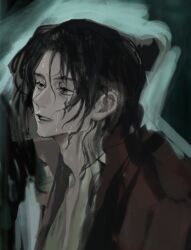 1boy black_eyes black_hair chinese_clothes chinese_commentary coat dao_gui_yi_xian faux_traditional_media hair_bun hanfu ink_wash_painting li_huowang long_hair looking_to_the_side male_focus messy_hair muyuyouyang parted_lips red_coat short_hair single_hair_bun sketch solo upper_body wet wet_face wet_hair white_hanfu