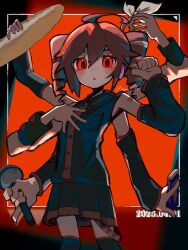 1girl ahoge arms_up baguette bare_shoulders black_boots black_shirt black_skirt black_sleeve_cuffs boots bread collared_shirt dated detached_sleeves drill_hair extra_arms food glowing glowing_eye hair_between_eyes hair_ribbon hand_on_own_chest highres holding holding_food holding_microphone kasane_teto kasane_teto_(sv) kasane_teto_(utau) lemodo long_sleeves microphone miniskirt red_eyes red_hair red_trim ribbon shirt signature skirt sleeve_cuffs sleeveless sleeveless_shirt synthesizer_v thigh_boots twin_drills twitter_username utau white_ribbon