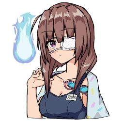 1girl absurdres blue_fire blue_one-piece_swimsuit breasts brown_hair cleavage eyepatch fire heaven_burns_red highres hiiragi_kozue medium_hair one-piece_swimsuit one_eye_covered otowac4t purple_eyes school_swimsuit solo swimsuit