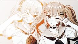 2girls :/ ;d =_hair_ornament ayeon bloom blush center-flap_bangs choker closed_mouth commentary_request drop_shadow ear_piercing friends grey_background grin hair_ornament hair_ribbon hairpin hand_up holohoneygaoka_high_school_uniform holohoneygaoka_koukou hololive hoshimachi_suisei long_hair looking_at_viewer monochrome multiple_girls multiple_hairpins neckerchief o-ring o-ring_choker one_eye_closed open_mouth piercing pointy_ears puckered_lips ribbon sailor_collar sailor_shirt school_emblem school_uniform shirt short_sleeves side-by-side side_ponytail sidelighting sidelocks smile star_(symbol) star_in_eye summer_uniform symbol_in_eye tokoyami_towa twintails v v_over_eye virtual_youtuber
