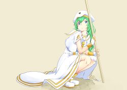 1girl alice_carroll aria_(manga) beret blue_eyes commentary dress eyelashes fingerless_gloves full_body gloves yellow_necktie gold_trim green_hair hair_between_eyes hat highres holding holding_oar light_brown_background long_dress long_hair mono9ron oar open_mouth orange_planet_uniform sailor_collar short_sleeves side_slit solo squatting white_dress white_footwear white_gloves white_hat