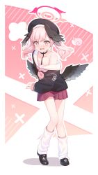 1girl absurdres beret black_choker black_hat black_shoes black_wings blue_archive blush choker collarbone commentary_request feathered_wings full_body halo hat head_wings highres koharu_(blue_archive) leg_warmers low_wings medium_hair open_mouth outline pink_eyes pink_hair pink_halo pink_skirt pleated_skirt sailor_collar shoes skirt sleeves_past_wrists snail solo sweatdrop tokoshibyra twintails white_leg_warmers white_outline white_sailor_collar wings
