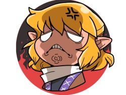 1girl anger_vein black_shirt blank_eyes blonde_hair brown_shirt clenched_teeth commentary_request fire frown mizuhashi_parsee onikobe_rin pointy_ears scarf shirt short_hair solo teeth touhou undershirt upper_body white_background white_scarf