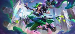 1girl :d absurdres asymmetrical_bangs black_gloves blue_footwear blue_pants braid building character_name chromacrash_jinx collarbone day earrings explosive fingerless_gloves gatling_gun gloves goggles goggles_on_head gragas green_eyes green_hair green_pants grenade highres holding jewelry jinx_(league_of_legends) league_of_legends long_hair minigun multicolored_hair multicolored_pants official_art open_mouth outdoors pants pink_shoes purple_lips rocket_launcher second-party_source shoes smile solo_focus very_long_hair weapon