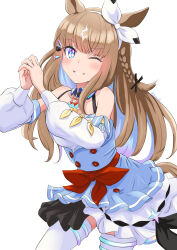 1girl absurdres almond_eye_(umamusume) animal_ears becherry blue_eyes blush breasts brown_hair commentary_request detached_sleeves hair_between_eyes hair_ornament hairclip highres horse_ears horse_girl horse_tail long_hair looking_at_viewer medium_breasts multicolored_hair one_eye_closed own_hands_together solo tail thighhighs two-tone_hair umamusume white_background