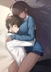 Rule 34 | 1boy, 1girl, absurdres, ahoge, aoi riko, black hair, black skirt, blue archive, blue cardigan, blush, breasts, cardigan, hair spread out, hand on another&#039;s head, hetero, highres, hug, jacket, karin (blue archive), karin (school uniform) (blue archive), large breasts, long hair, lying, miniskirt, on side, pleated skirt, school uniform, sensei (blue archive), shirt, skirt, sleeping, smile, teacher and student, very long hair, white jacket, white shirt