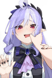 Rule 34 | 1girl, 1other, absurdres, ascot, black nails, blush, bow, bowtie, breasts, dress, gem, hand in another&#039;s mouth, highres, large breasts, long hair, looking at viewer, mole, mole under eye, multicolored hair, nail polish, opm7760, pointy ears, purple ascot, purple bow, purple bowtie, purple gemstone, purple hair, red eyes, saliva, saliva trail, shrug (clothing), simple background, solo focus, streaked hair, sweatdrop, tongue, tongue out, upper body, vivian banshee, white background, white dress, white hair, white shrug, zenless zone zero
