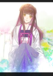 Rule 34 | 1girl, blush, braid, braided bun, brown hair, chinese clothes, closed mouth, double bun, dress, flower, gymnasium119, hair bun, hanfu, highres, jiang yanli, letterboxed, light particles, long hair, long sleeves, looking at viewer, lotus, lotus leaf, modao zushi, outdoors, own hands together, pink flower, purple dress, purple hanfu, qixiong ruqun, ribbon, smile, solo, wide sleeves, yellow eyes