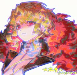 1girl black_coat blonde_hair bngb_love closed_mouth coat don_quixote_(project_moon) fur_trim gold_trim highres lapels limbus_company looking_at_viewer notched_lapels parted_bangs project_moon red_eyes sancho_(project_moon) shirt short_hair simple_background solo upper_body white_background white_shirt