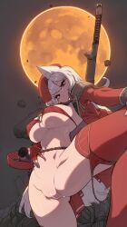 1girl animal_ears ass beret collarbone fox_ears full_moon gloves happening18 hat highres long_hair looking_at_viewer moon navel o-ring original panties panties_around_leg panties_on pussy rail_a red_eyes red_gloves red_hat red_thighhighs solo spread_legs thighhighs underwear weapon white_hair