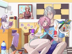 Rule 34 | 2boys, 2girls, animal, animal on lap, blonde hair, blue eyes, blue shirt, blue shorts, book, bottle, breasts, brown shirt, camisole, castorice (honkai: star rail), cat, chair, checkered floor, chest tattoo, cleavage, commentary request, contemporary, couple, cyrene (honkai: star rail), food, gold tattoo, handheld game console, hetero, highres, holding, holding book, holding handheld game console, honkai: star rail, honkai (series), indoors, large breasts, long hair, mario (series), mario kart, medium breasts, medium hair, microwave, multicolored hair, multiple boys, multiple girls, muscular, muscular male, mydei (honkai: star rail), neck tattoo, nintendo, on chair, on lap, pancake, pancake stack, pants, phainon (honkai: star rail), pink hair, playing games, puricha, purple hair, purple pants, red tattoo, shirt, short hair, shorts, sitting between lap, sleeveless, sleeveless shirt, smile, tattoo, thighs, towel, towel around neck, two-tone hair, water bottle, white camisole, white hair, yellow shirt
