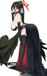 1girl absurdres alternate_costume alternate_hairstyle backless_dress backless_outfit bare_back bent_over black_dress black_garter_straps black_gloves black_hair black_thighhighs black_wings blue_archive blush breasts closed_mouth dress elbow_gloves feathered_wings flower garter_straps gloves hair_ribbon hasumi_(blue_archive) highres large_breasts long_dress long_hair low_wings ponytail red_eyes red_flower ribbon sideboob sidelocks solo su-102 thighhighs very_long_hair white_ribbon wings