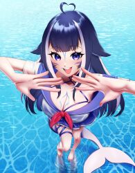 1girl absurdres animal_ears black_hair blue_collar blue_hair body_markings collar fins fish_tail highres multicolored_hair non-web_source purple_eyes ribbon sailor sailor_collar sailor_shirt shirt shylily shylily_(1st_costume) tail virtual_youtuber water