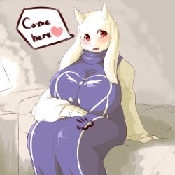 1girl artist_request breasts dress english_text female_focus furry furry_female goat highres huge_breasts indoors mature_female red_eyes solo thick_thighs thighs toriel undertale