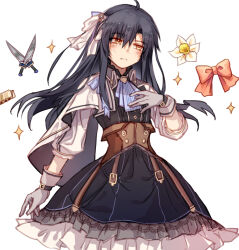 1boy ahoge alternate_costume androgynous black_dress black_hair bow commentary_request crossdressing dagger dress eiyuu_densetsu gloves grey_gloves hair_between_eyes joshua_bright knife layered_dress long_sleeves male_focus red_bow simple_background solo sora_no_kiseki sparkle standing sweat weapon white_background willfin yellow_eyes
