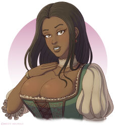 1girl artist_name black_hair breasts brown_eyes brown_lips choker cleavage commentary commission dark-skinned_female dark_skin earrings eyelashes jewelry large_breasts long_hair original parted_lips puffy_short_sleeves puffy_sleeves rocktopus64 short_sleeves solo thick_lips underbust upper_body white_choker