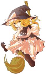 1girl alphes_(style) apron black_dress black_hair blonde_hair bow broom broom_riding closed_mouth commentary_request dairi dress full_body hat hat_bow kirisame_marisa large_variant_set parody pointing pointing_at_viewer puffy_sleeves sash shirt short_sleeves solo style_parody sweatdrop tachi-e touhou transparent_background variant_set waist_apron witch_hat yellow_eyes