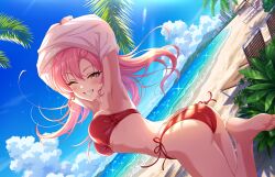 Rule 34 | 1girl, armpits, ass, barefoot, beach, beach chair, bikini, blue sky, breasts, brown eyes, cloud, day, dutch angle, earrings, eyelashes, feet, foot up, from behind, hair between eyes, idolmaster, idolmaster cinderella girls, idolmaster cinderella girls starlight stage, jewelry, jougasaki mika, lens flare, long hair, looking at viewer, medium breasts, nail polish, o-ring, o-ring bikini, official art, one eye closed, outdoors, pink eyes, pink hair, red bikini, red nails, shadow, shirt, side-tie bikini bottom, sidelocks, sky, smile, soles, solo, standing, standing on one leg, swimsuit, teeth, thighs, toes, undressing, white shirt